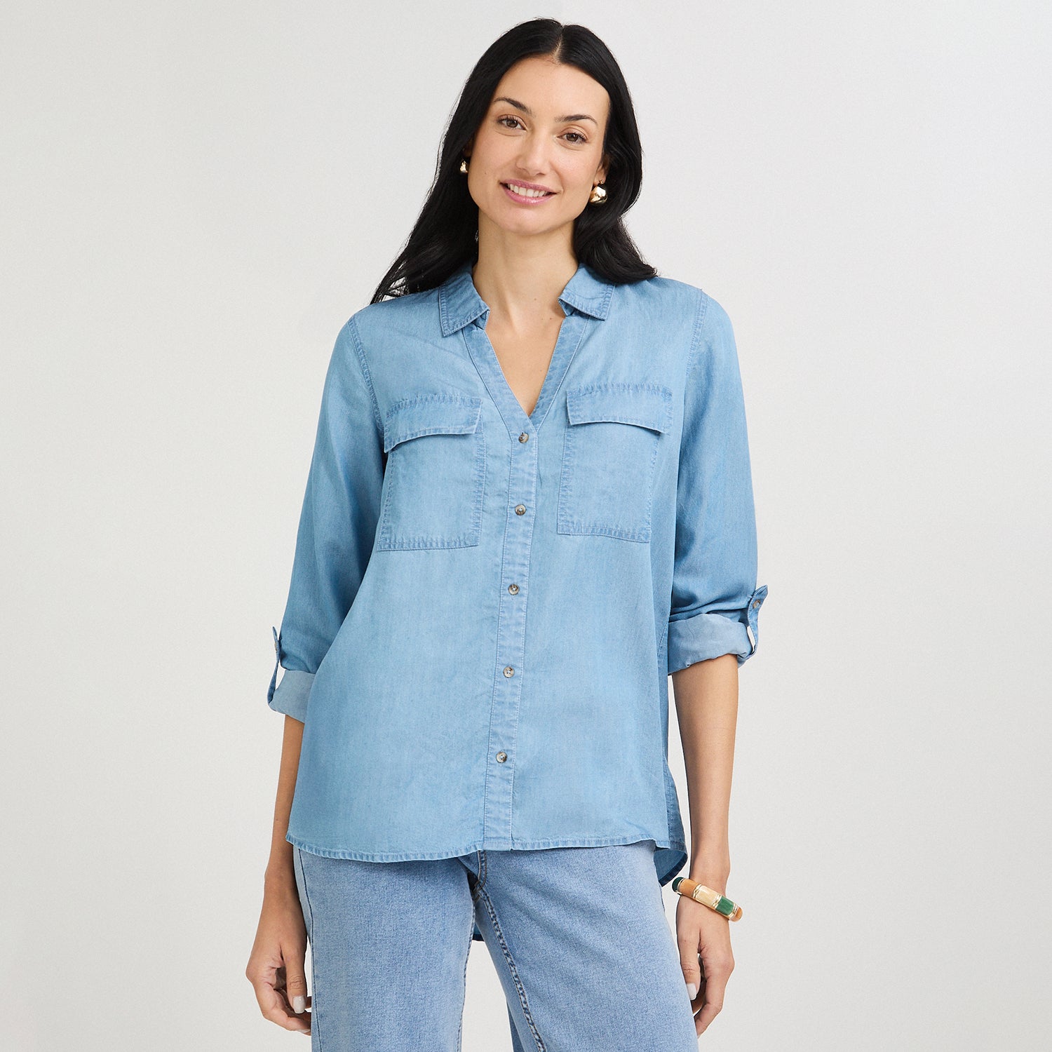 Blusa de Lyocell con Bolsillos Celeste